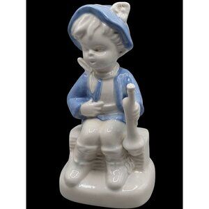 Unsigned Boy With Flute Figurine Blue White Glossy Porcelain 5.5" Vintage